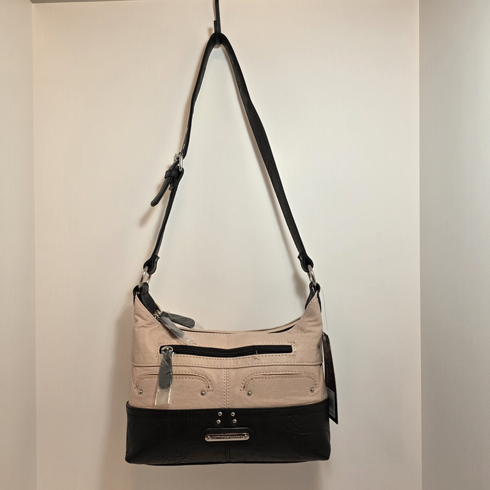 Stone Mountain Leather Shoulder Bag - Adjustable Strap Two-Tone Black and Blush - Picture 15 of 16